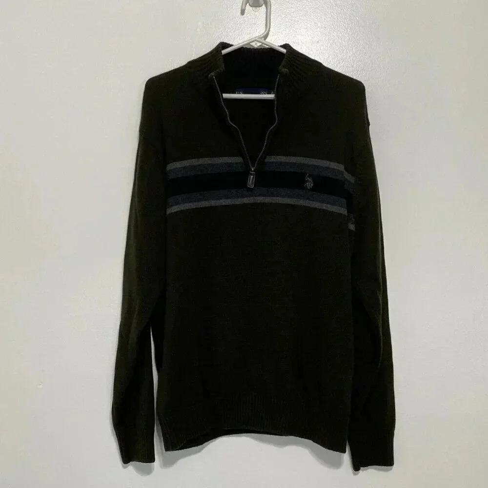 US Polo Assn Men Sweater Size XL Green 1/4 Zip Pullover Long Sleeve Casual Multi